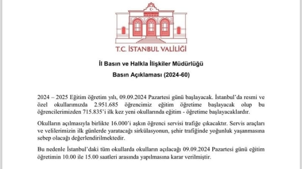 9 Eylül 2024 okul açılış saatimiz